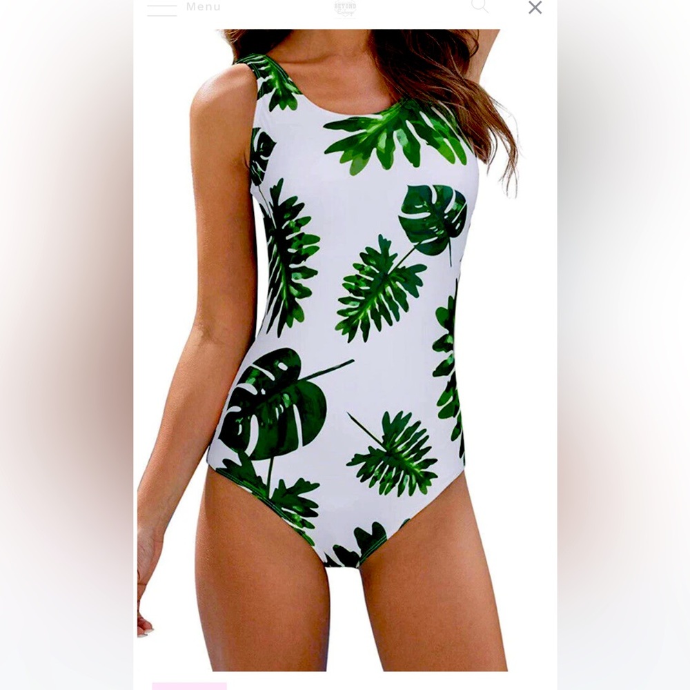 American Trends Green Leaf Print One Piece Swimsuit Criss Cross Back Size XXL